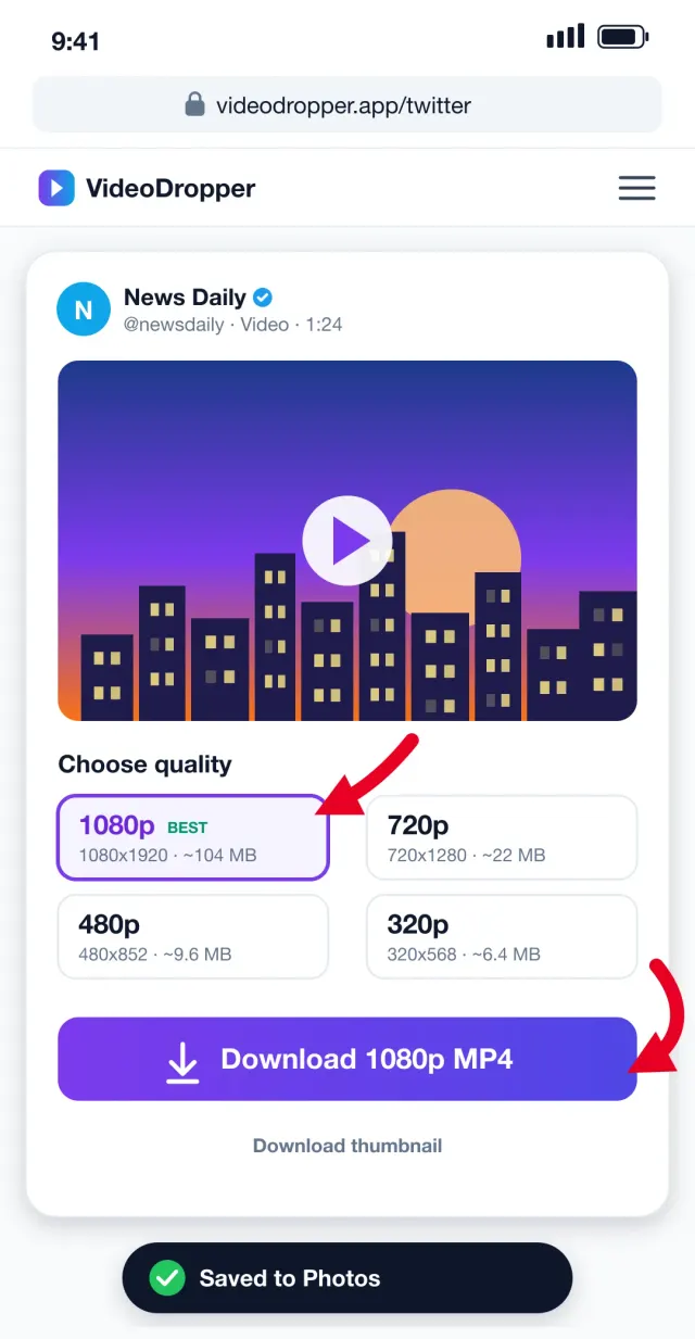 Step 3: Choose a quality and download the Twitter video