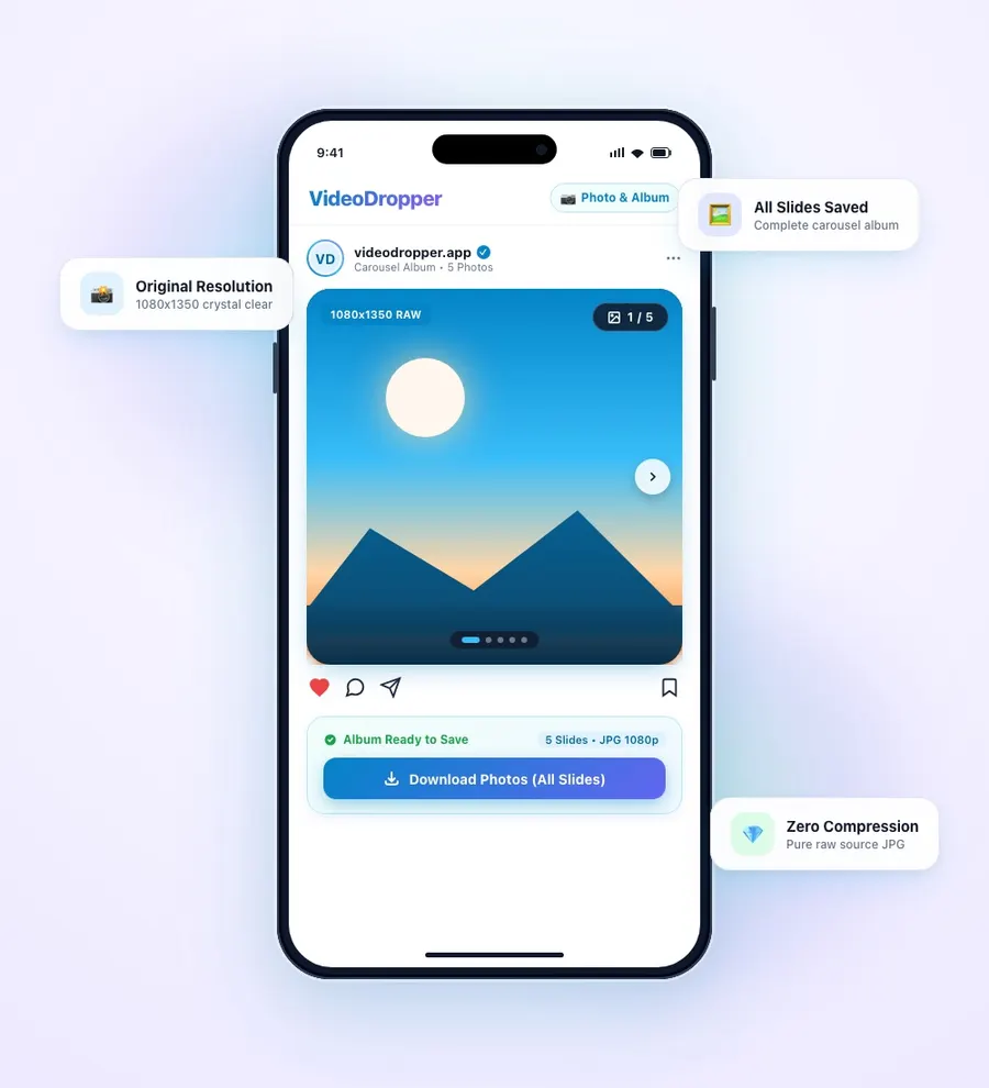VideoDropper Instagram Photo and Carousel downloader mobile interface